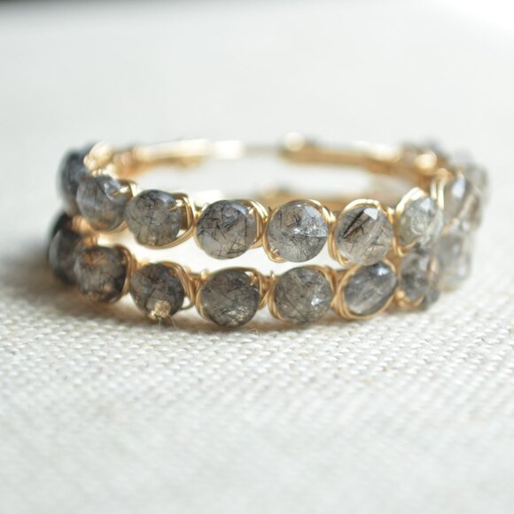 Black Rutilated Quartz Wire Wrapped Gold Hoops - Picture 2 of 11